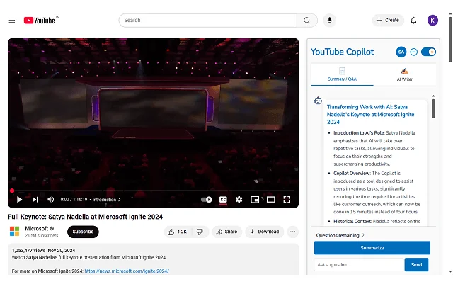 Screenshot of Cazton Copilot Genius's video summary feature showing a structured outline of video content