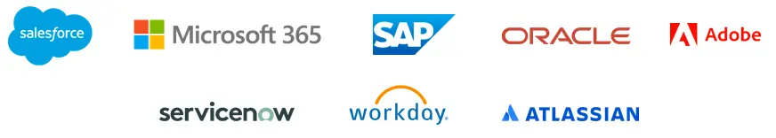 Integration logos for Salesforce, Microsoft 365, SAP, Oracle, Adobe, ServiceNow, Workday, and Atlassian