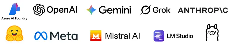Compatible AI models including OpenAI, Grok, Azure AI Foundry, Anthropic Claude, and Google Gemini